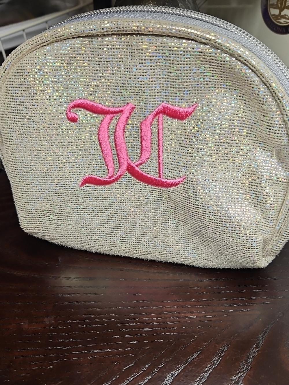 Juicy Couture Glittery Silver Cosmetic Pouch with Pink Monogram NWOT